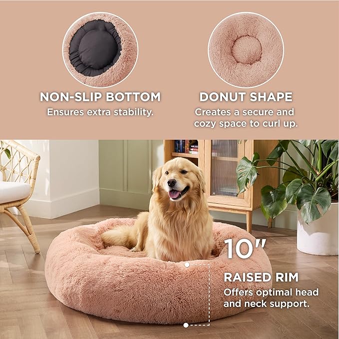 Bedsure Calming Dog Bed for Extra Large Dogs - Donut Washable Large Pet Bed, Anti-Slip Round Fluffy Plush Faux Fur Dog Bed, Fits up to 125 lbs Pets, Pink, 45 inches