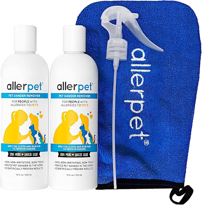 Allerpet Multi-Pet Dander Remover with FREE Application Mitt & Sprayer - Best Pet Dander Remover for Allergens - For Dog/Cat Dry Skin Treatment - Made in USA - 2 Pack (12oz)