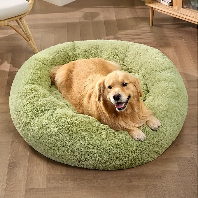 Bedsure Calming Dog Bed for Extra Large Dogs - Donut Washable Large Pet Bed, Anti-Slip Round Fluffy Plush Faux Fur Dog Bed, Fits up to 125 lbs Pets, Green, 45 inches