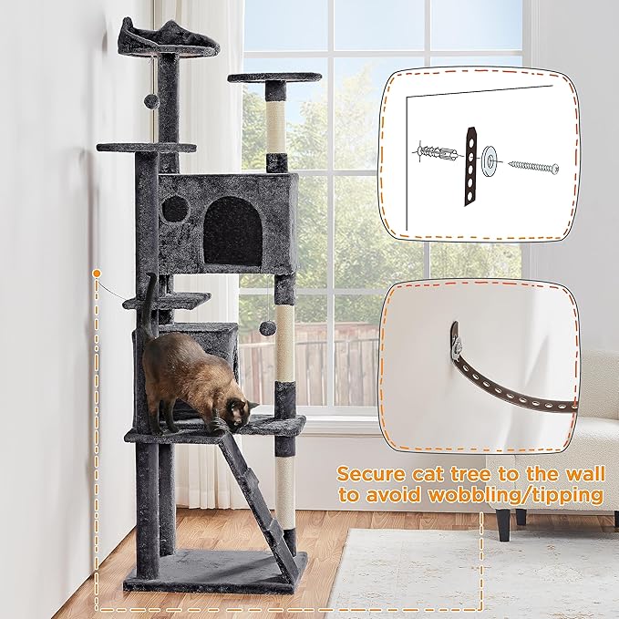 Yaheetech Larget Cat Tree, 80in Multi-Level Cat Tower with Cat Scratching Posts, Double Cat Condo, Perched Platforms and Dangling Balls, Cat Activity Center for Kittens Pet, Black