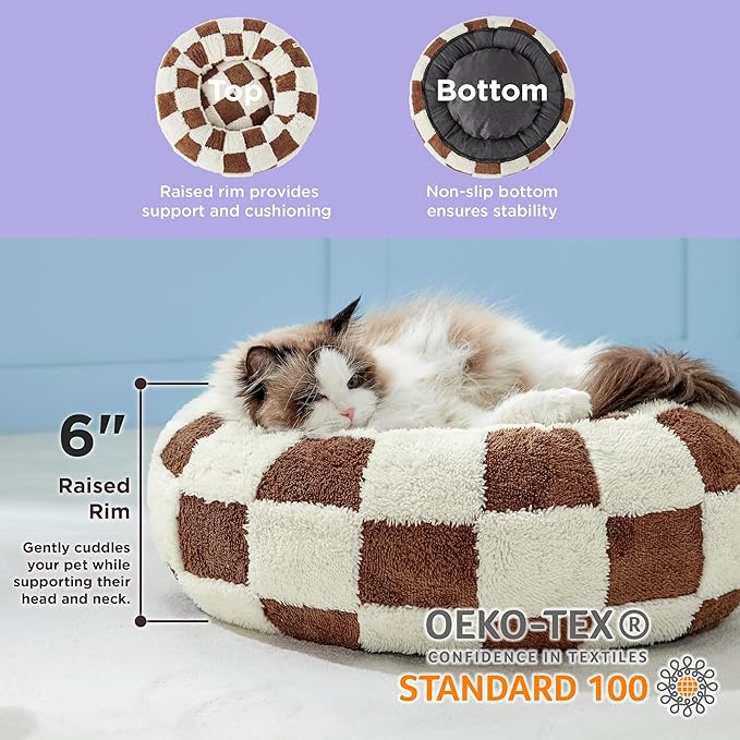 Lesure Donut Small Dog Bed - Round Cat Beds for Indoor Cats Anti-Anxiety Calming Pet Beds, Washable Cute Modern Beds with Teddy Sherpa Plush & Anti Slip Bottom Brwon