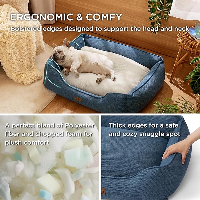 Bedsure Washable Dog Bed for Small Dogs - Waterproof All-Season Foam Puppy Beds, Orthopedic Rectangle Cuddle Indoor Cat Beds with Removable Zipper Cover, 25x21x8inches, Blue