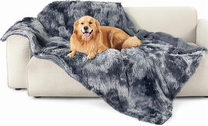 Bedsure Waterproof Dog Blankets for Large Dogs - Calming Cat Blanket for Bed Couch Protector Washable, Long Faux Fur Pet Throw Blanket for Puppy, Reversible Furniture Protection, 60"x80", Tie-dye Grey