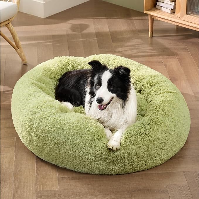 Bedsure Calming Dog Bed for Large Dogs - Donut Washable Large Pet Bed, Anti-Slip Round Fluffy Plush Faux Fur Dog Bed, Fits up to 100 lbs Pets, Green, 36 inches