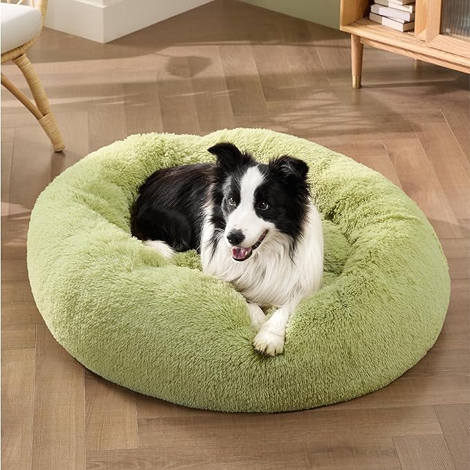 Bedsure Calming Dog Bed for Large Dogs - Donut Washable Large Pet Bed, Anti-Slip Round Fluffy Plush Faux Fur Dog Bed, Fits up to 100 lbs Pets, Green, 36 inches