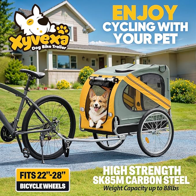 Dog Bike Trailer, Bike Trailer for Dogs, Pet Bike Trailer Fits for Medium Dogs Dog Trailer for Bike Up to 88lbs Easy Folding Frame Cart