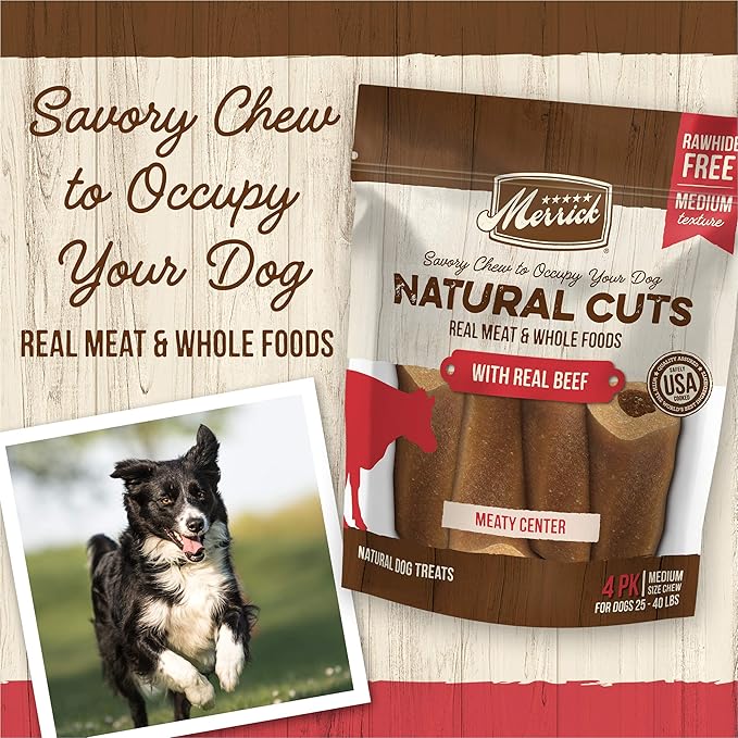 Merrick Natural Cuts Chicken Free Non Rawhide Medium Dog Chews, Medium Texture Chew Sticks With Real Beef - (Pack of 6) 4 ct. Pouches