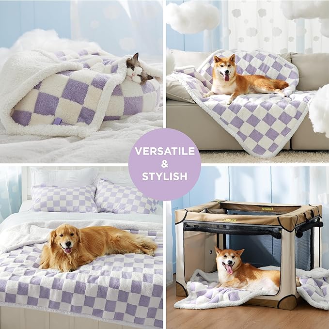 Lesure Waterproof Dog Blanket for Large Dogs - Washable Double Sided Dog Blankets with Warm Jacquard Shag and Soft Sherpa Fleece, Pet Cat Blanket for Couch Protection, 3D Textured Checks, Purple
