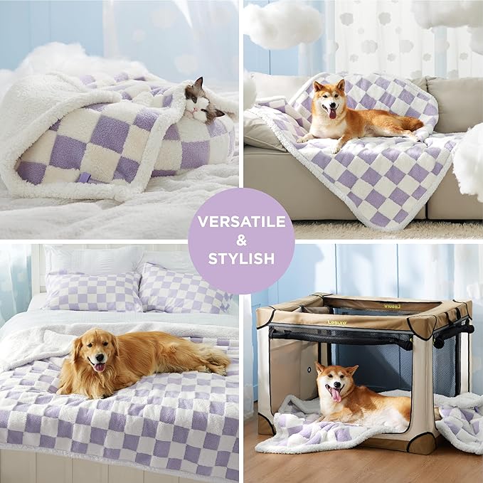 Lesure Waterproof Dog Blanket for Large Dogs - Washable Double Sided Dog Blankets with Warm Jacquard Shag and Soft Sherpa Fleece, Pet Cat blanket for Bed Couch Protection, 3D Textured Checks, Purple