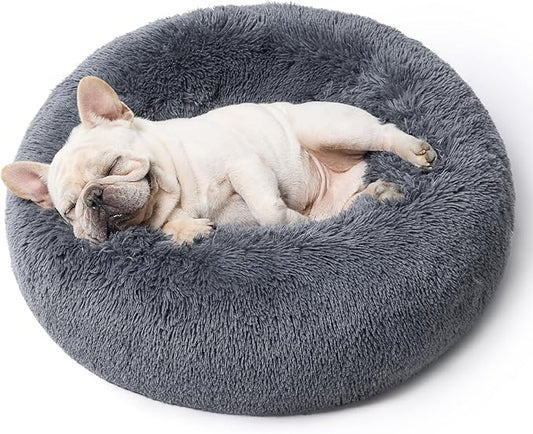 Bedsure Calming Dog Bed for Medium Dogs - Donut Washable Medium Pet Bed, 30 inches Anti-Slip Round Fluffy Plush Faux Fur Cat Bed, Fits up to 45 lbs Pets, Dark Grey