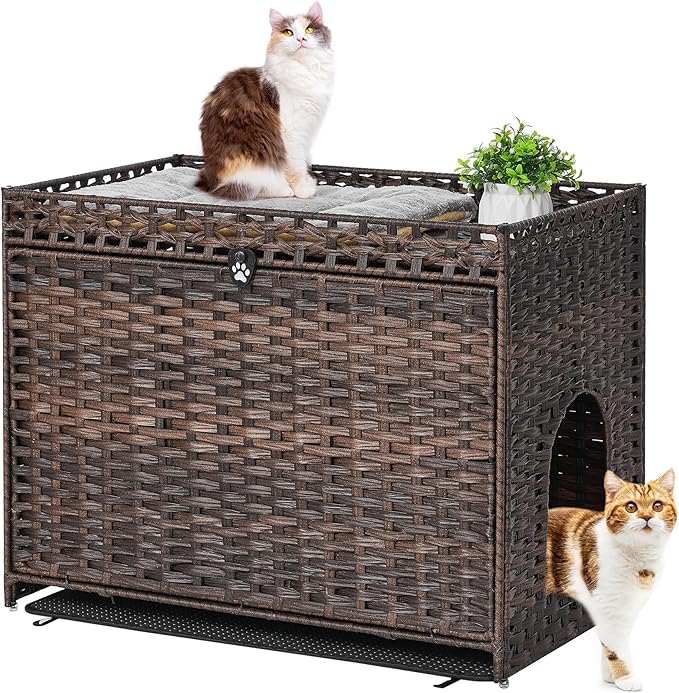 Cat Litter Box Enclosure with Soft Litter Mat; Hidden Cat Washroom Furniture with Door; Handwoven Rattan Cat House with Large Space; Pet Crate for Living Room, Bedroom, Balcony (Brown)