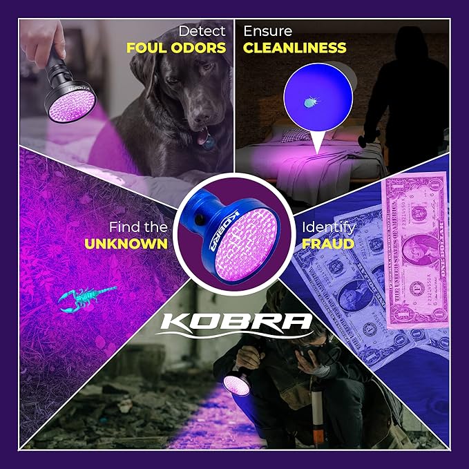 Kobra Black Light Flashlight 100 LED Lamp and Blacklight for Home & Hotel Inspection, Pet Urine & Stains - Ultra Intensity 18W 385-395nm LEDs Spot Counterfeit Money, Leaks, Scorpions (100 LED) (Blue)