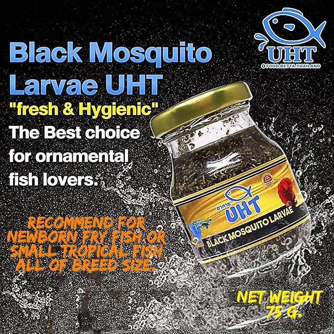 UTH Fish Food Black Mosquito Larvae 75 g. Tropical Fish Food Grow Faster & Color Enhancer Slow Sinking Like Pellets High Protein 74% for All Tropical Fish Feed & Small Fish Breeding Fish Care