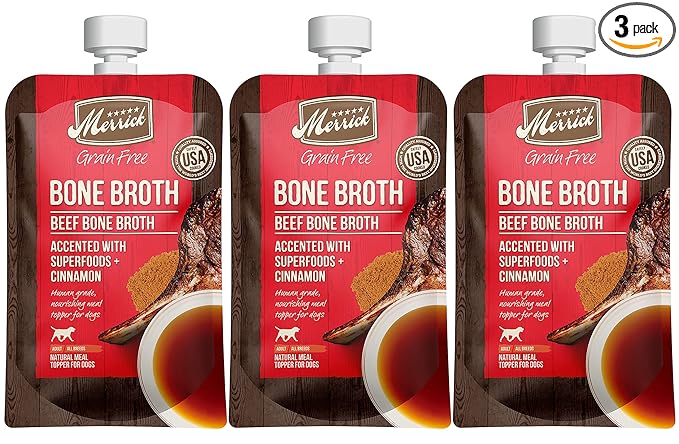 Merrick Grain Free Bone Broth Natural Meal Topper for Dogs, Accented with Superfoods & Cinnamon, for Adult Dogs of All Breeds Beef, 7 Ounce,(Pack of 3)