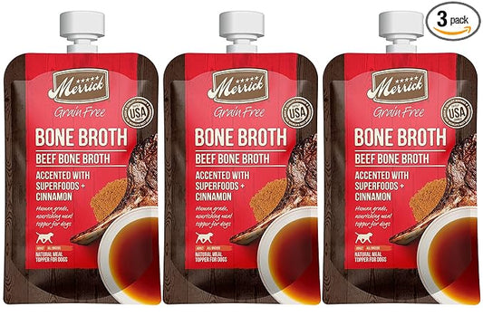 Merrick Grain Free Bone Broth Natural Meal Topper for Dogs, Accented with Superfoods & Cinnamon, for Adult Dogs of All Breeds Beef, 7 Ounce,(Pack of 3)