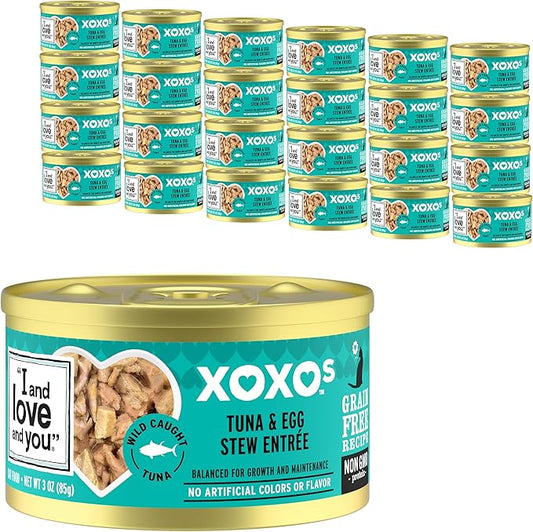 I AND LOVE AND YOU" XOXOs Canned Wet Cat Food, Tuna and Egg Stew, Grain Free, Real Meat, No Fillers, 3 oz Cans, Pack of 24 Cans