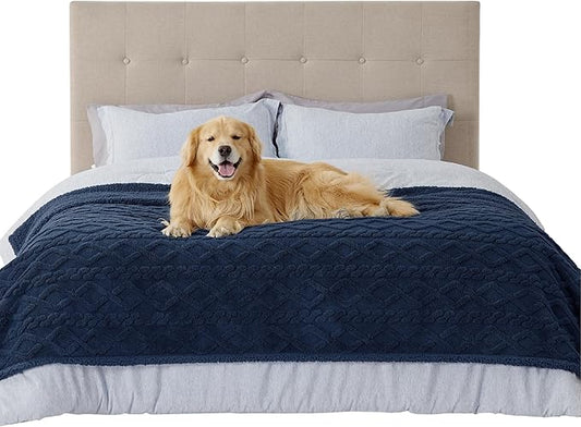 Bedsure Waterproof Dog Blankets for Large Dogs - Pet Blanket for Bed Couch Protector Washable, Premium Jacquard Coral Fleece Cat Throw Blanket, Soft Plush Reversible Furniture Protection, 60x80, Navy