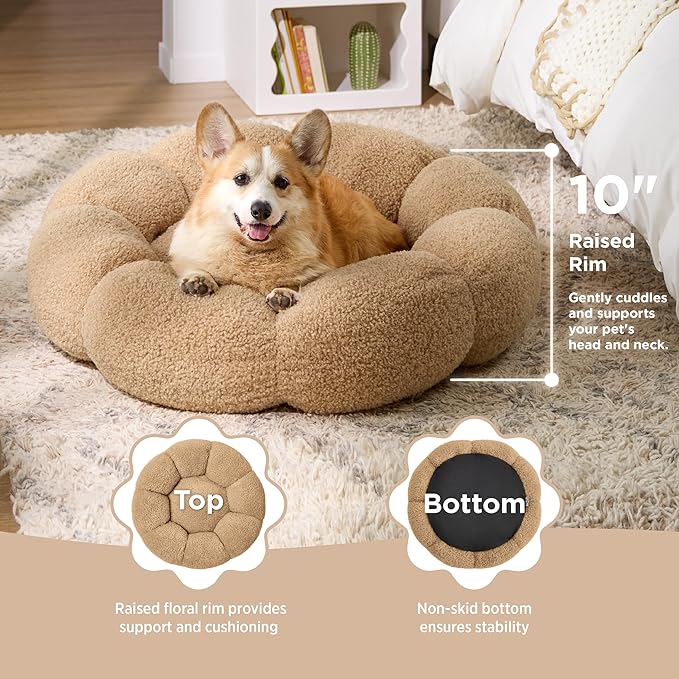 Lesure Calming Large Dog Bed - Flower Donut Round Fluffy Puppy Bed in Plush Teddy Sherpa, Non-Slip Cute Flower Dog Beds, Large Pet Bed Fits up to 100 lbs, Machine Washable, Camel 36"