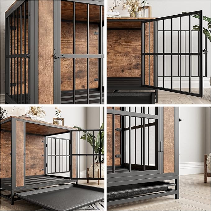 Dog Crate Furniture, Metal and Wooden Dog Crate, Dog Kennels with 3 Doors Indoor, Pet Puppy Crate End Table for Medium/Small Dog, Heavy Duty Dog House, Rustic Brown and Black