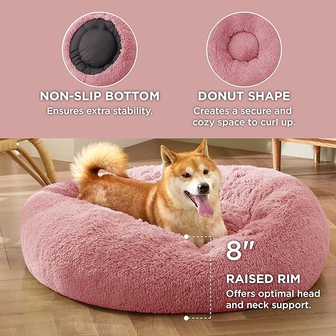 Bedsure Calming Dog Bed for Medium Dogs - Donut Washable Medium Pet Bed, 30 inches Anti-Slip Round Fluffy Plush Faux Fur Cat Bed, Fits up to 45 lbs Pets, Mauve Blush