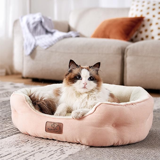 Bedsure Dog Beds for Small Dogs - Round Cat Beds for Indoor Cats, Washable Pet Bed for Puppy and Kitten with Slip-Resistant Bottom, 20 Inches, Peach Pink