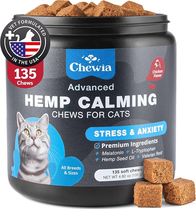 Cat Calming Treats - Hemp Calming Care for Cats - Cat Anxiety Relief - Cat Melatonin Soft Chews with Hemp Seed Oil, L-Tryptophan - Calming Chews for Cats - Storms, Travel, Grooming, Separation