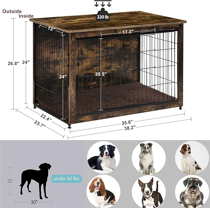 DWANTON Dog Crate Furniture with Cushion, Wooden Dog Crate Table, Double Doors Dog Furniture, Indoor Dog Kennel, Dog House, Dog Cage Large, 38.5" L, Rustic Brown