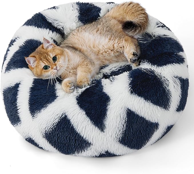 Bedsure Calming Cat Beds for Indoor Cats - Small Cat Bed Washable 20 inches, Anti-Slip Round Fluffy Plush Faux Fur Pet Bed, Fits up to 15 lbs Pets, Diamond Blue