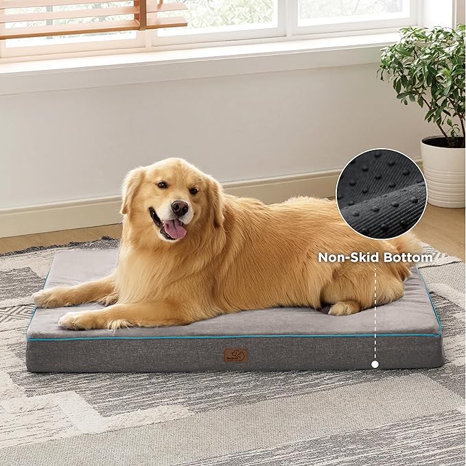 Bedsure Memory Foam Extra Large Plus Dog Bed - Orthopedic Waterproof Dog Bed for Crate with Removable Washable Cover and Nonskid Bottom - Plush Flannel Fleece Top Pet Bed, Grey