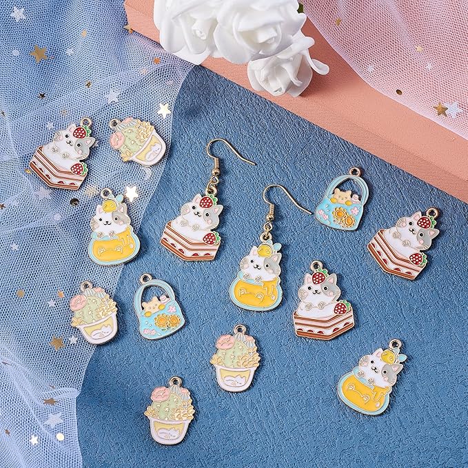 KitBeads 20pcs Mixed Styles Cat Charms Cute Enamel Cake Charms Alloy Animal Cartoon Cat Tropical Cactus Charms for Jewelry Making Bracelets Necklace