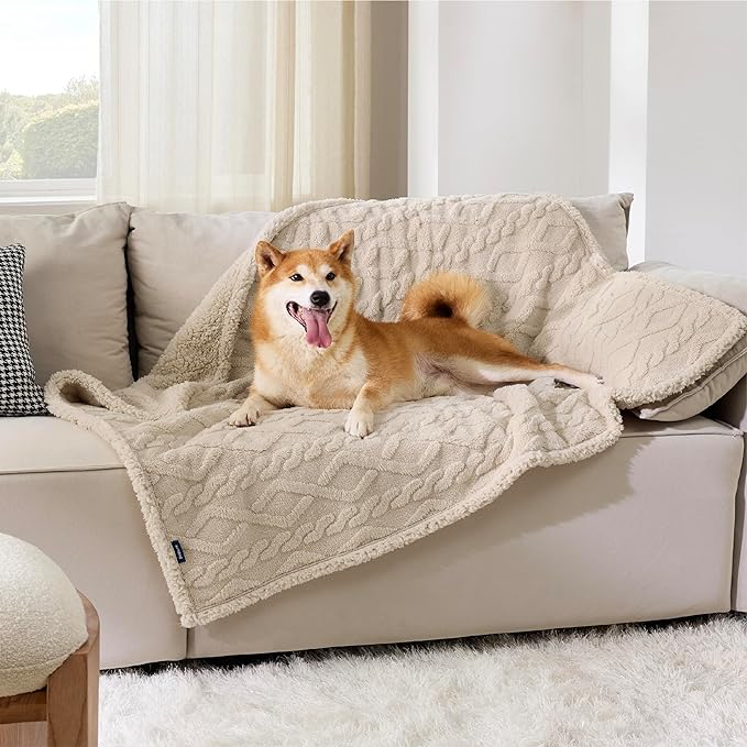 Bedsure Waterproof Dog Blankets for Large Dogs - Pet Blanket for Couch Protector Washable, Premium Jacquard Coral Fleece Cat Throw Blanket, Soft Plush Reversible Furniture Protection, 40"x50", Cream