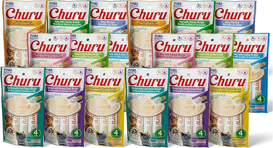 INABA Churu Cat Treats, Grain-Free, Lickable, Squeezable Creamy Purée Cat Treat/Topper with Vitamin E & Taurine, 0.5 Ounces Each Tube, 72 Tubes (4 per Pack), 9 Flavor Variety