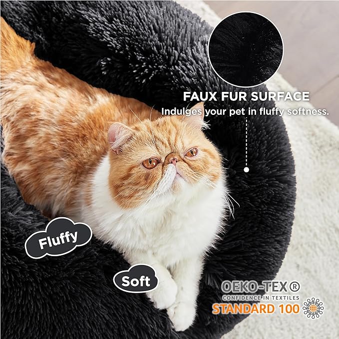 Bedsure Calming Cat Beds for Indoor Cats - Small Cat Bed Washable 20 inches, Anti-Slip Round Fluffy Plush Faux Fur Pet Bed, Fits up to 15 lbs Pets, Black