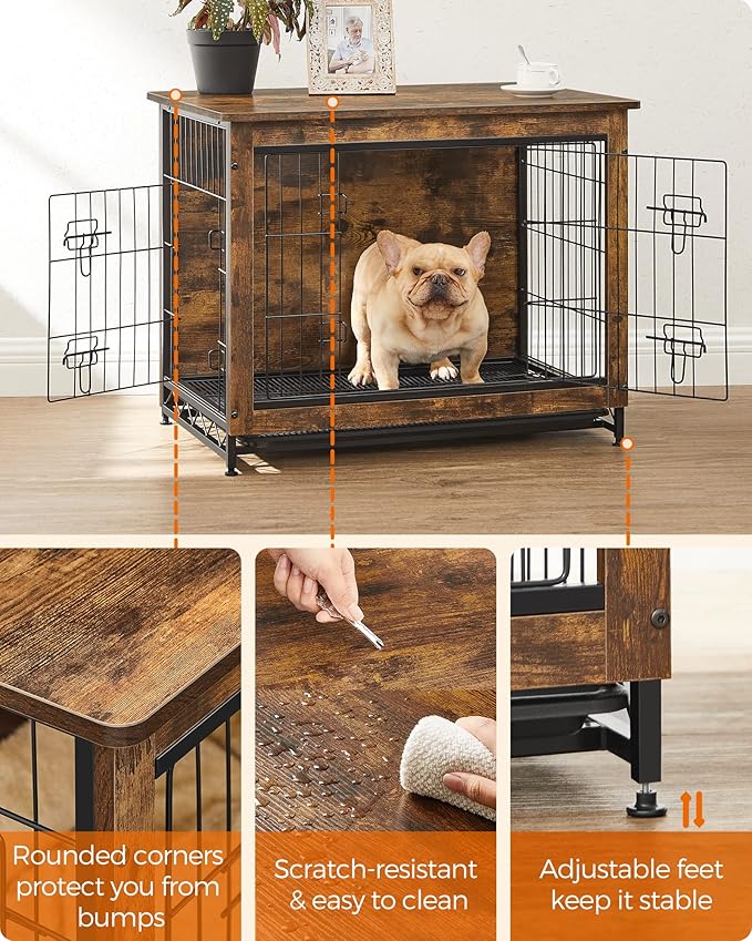 Feandrea Dog Crate Furniture, Side End Table, Modern Kennel for Dogs Indoor up to 45 lb, Heavy-Duty Dog Cage with Multi-Purpose Removable Tray, Double-Door Dog House, Rustic Brown UPFC002X01