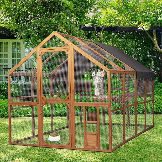 110 Inch Large Wooden Catio Outdoor Cat Enclosure w/ 2 Napping Houses, Luxury Pet-House with Jumping Platforms & Weatherproof Roof, Walk-in Kitty Kennel Condo Shelter