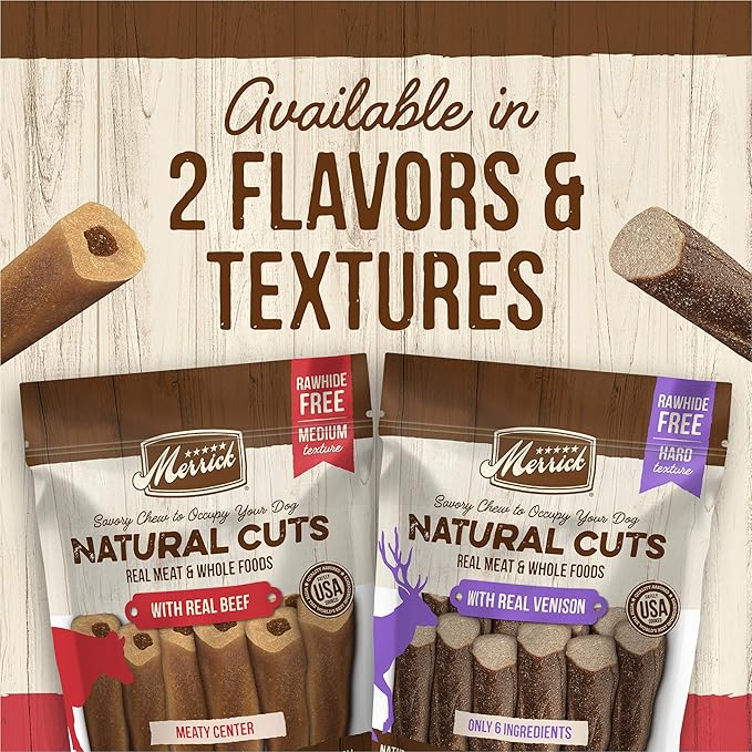 Merrick Natural Cuts Chicken Free Non Rawhide Medium Dog Chews, Medium Texture Chew Sticks With Real Beef - (Pack of 6) 4 ct. Pouches