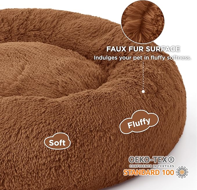 Bedsure Calming Dog Bed for Large Dogs - Donut Washable Large Pet Bed, 36 inches Anti-Slip Round Fluffy Plush Faux Fur Dog Bed, Fits up to 100 lbs Pets, Caramel