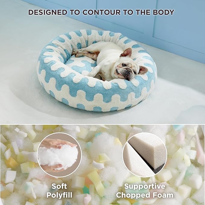 Lesure Donut Small Dog Bed - Round Cat Beds for Indoor Cats Anti-Anxiety Calming Pet Beds, Washable Cute Modern Beds with Teddy Sherpa Plush & Anti Slip Bottom Light Blue