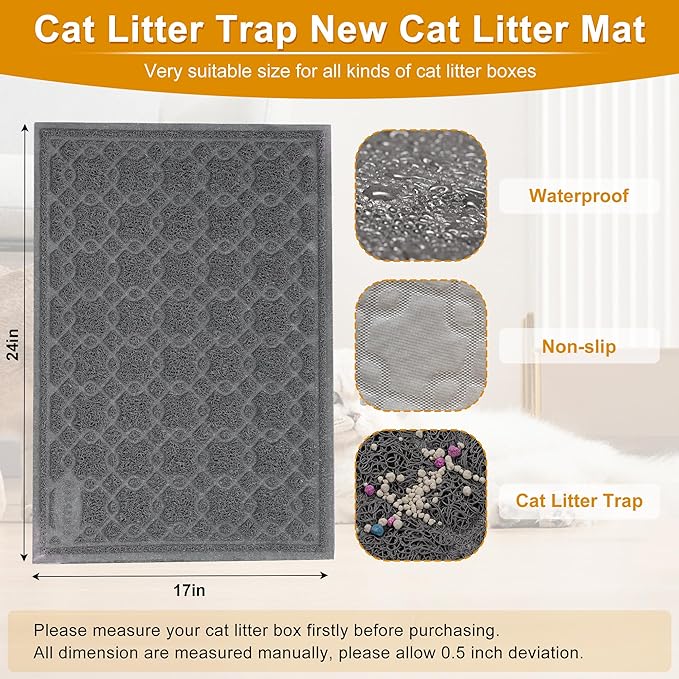 Cat Litter Box Mat, 24" x 17" Large Kitty Litter Trapping Mat Keep Floor Clean, Litter Box Mat Scatter Control, Waterproof, Easy to Clean, Durable Size Litter Mats for Floor