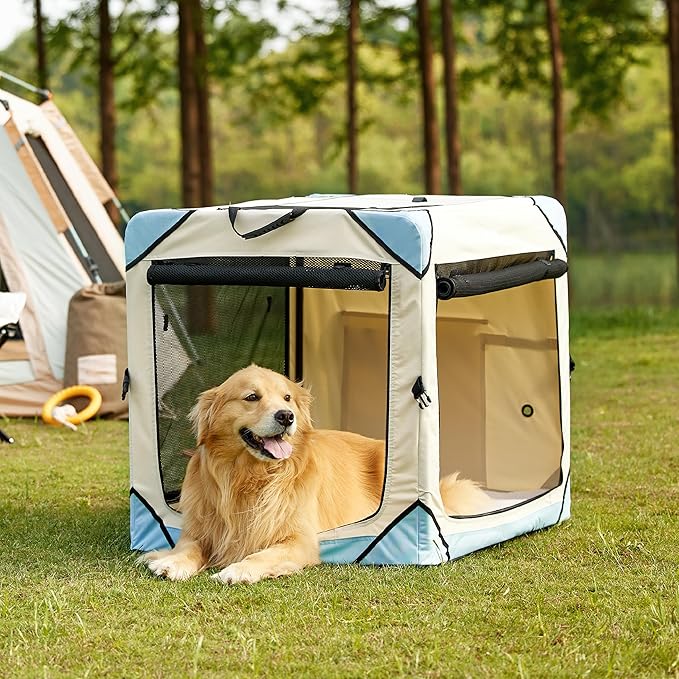 Lesure Collapsible Dog Crate - Portable Dog Travel Crate Kennel for Extra Large Dog, 4-Door Pet Crate with Durable Mesh Windows, Indoor & Outdoor (Beige)