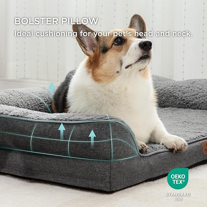 Bedsure Memory Foam Dog Bed for Medium Dogs - Orthopedic Egg Foam Dog Sofa Bed with Soft Sherpa Surface, Bolster Pet Couch with Removable Washable Cover, Waterproof Layer and Nonskid Bottom, Dark Grey