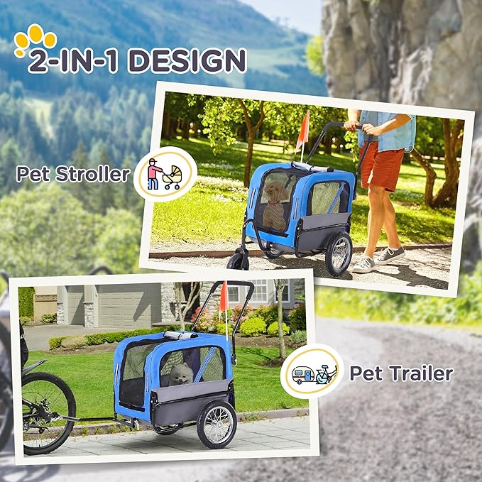 Aosom 2-in-1 Small Dog Bike Trailer and Bike Stroller with Hitch, Bicycle Trailer Sidecar Bike Wagon Cart Carrier Attachment for Travel, Blue