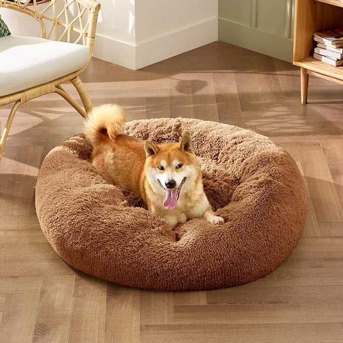 Bedsure Calming Dog Bed for Medium Dogs - Donut Washable Medium Pet Bed, 30 inches Anti-Slip Round Fluffy Plush Faux Fur Cat Bed, Fits up to 45 lbs Pets, Caramel