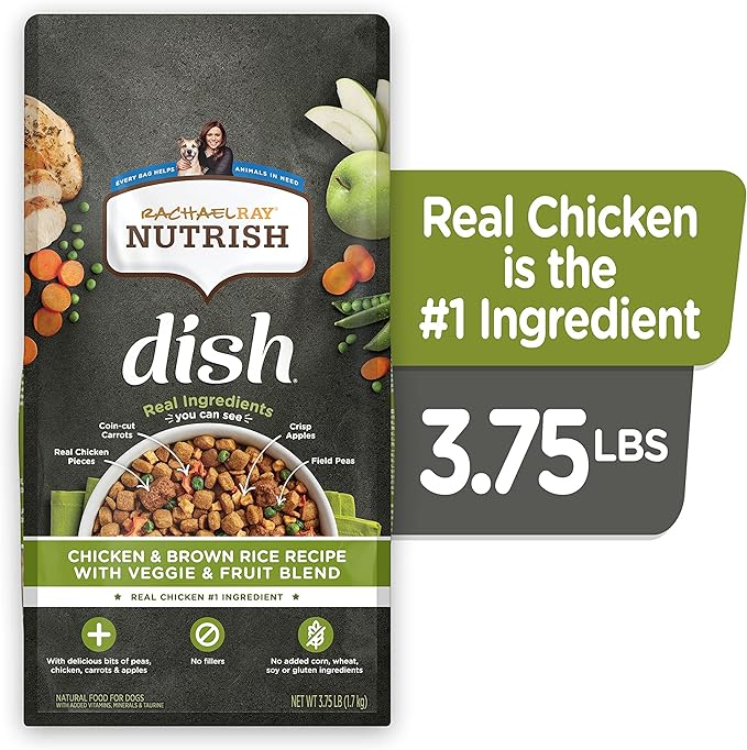 Rachael Ray Nutrish Dish Premium Natural Dry Dog Food with Added Vitamins, Minerals & Taurine, Chicken & Brown Rice Recipe with Veggies & Fruit, 3.75 Pounds