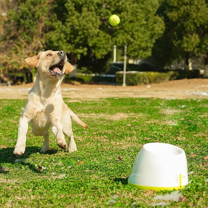 Automatic Ball Launcher for Dogs, 4 Launch Distance Modes, 2-inch Small Balls Included, Suitable for Small to Medium Sized Dogs (White with tennis balls)