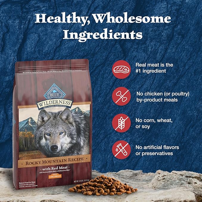 Blue Buffalo Wilderness Rocky Mountain Recipe High-Protein Large Breed Adult Dry Dog Food, Made in the USA with Natural Ingredients Plus Wholesome Grains, Red Meat, 24-lb. Bag