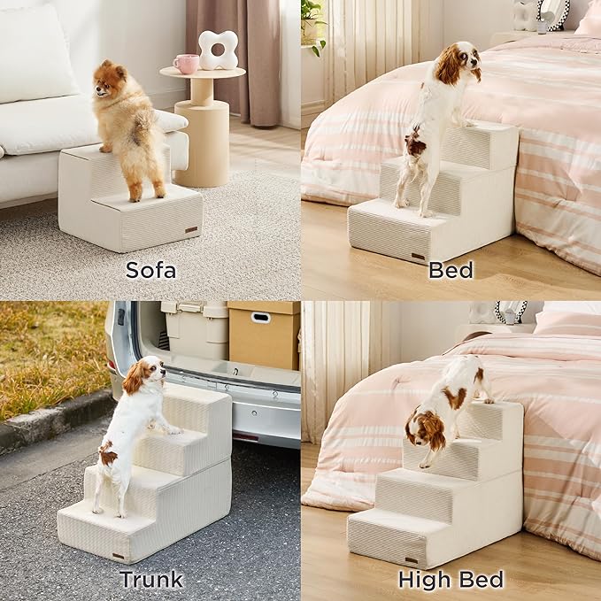 Lesure Dog Stairs for High Beds, Extra Wide Pet Stairs, 3-Steps Dog Steps for Medium/Small Dogs and Old Cats, Foldable Dog Steps with CertiPUR-US Certified Foam and Non-Slip Bottom, Beige