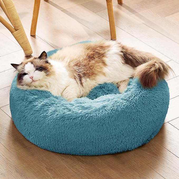 Bedsure Calming Cat Beds for Indoor Cats - Small Cat Bed Washable 20 inches, Anti-Slip Round Fluffy Plush Faux Fur Pet Bed, Fits up to 15 lbs Pets, Washed Blue