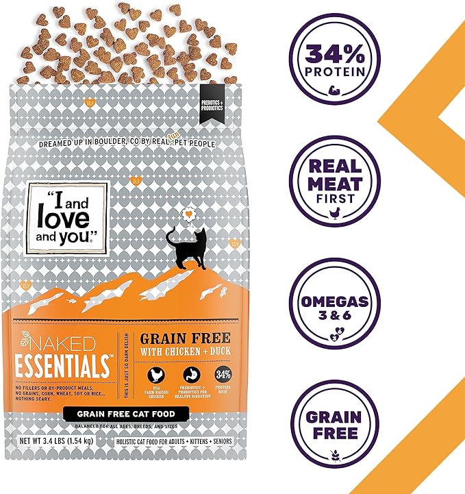 I and love and you Naked Essentials Dry Cat Food - Chicken + Duck - Grain Free, Real Meat, No Fillers, Prebiotics + Probiotics, 11lb Bag