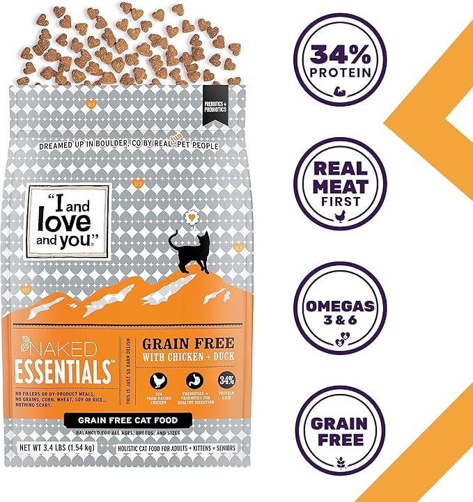 I and love and you Naked Essentials Dry Cat Food - Chicken + Duck - Grain Free, Real Meat, No Fillers, Prebiotics + Probiotics, 11lb Bag